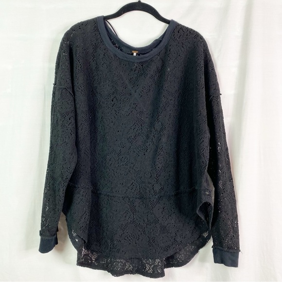 Free People Not Cold In This Black Knit Lace Sweater Top Med - Picture 2 of 9